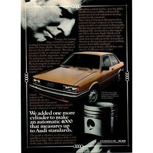 1980 Audi 4000 2 Door Sedan Vintage Print Ad Piston Head 5 Cylinder 80s Wall Art